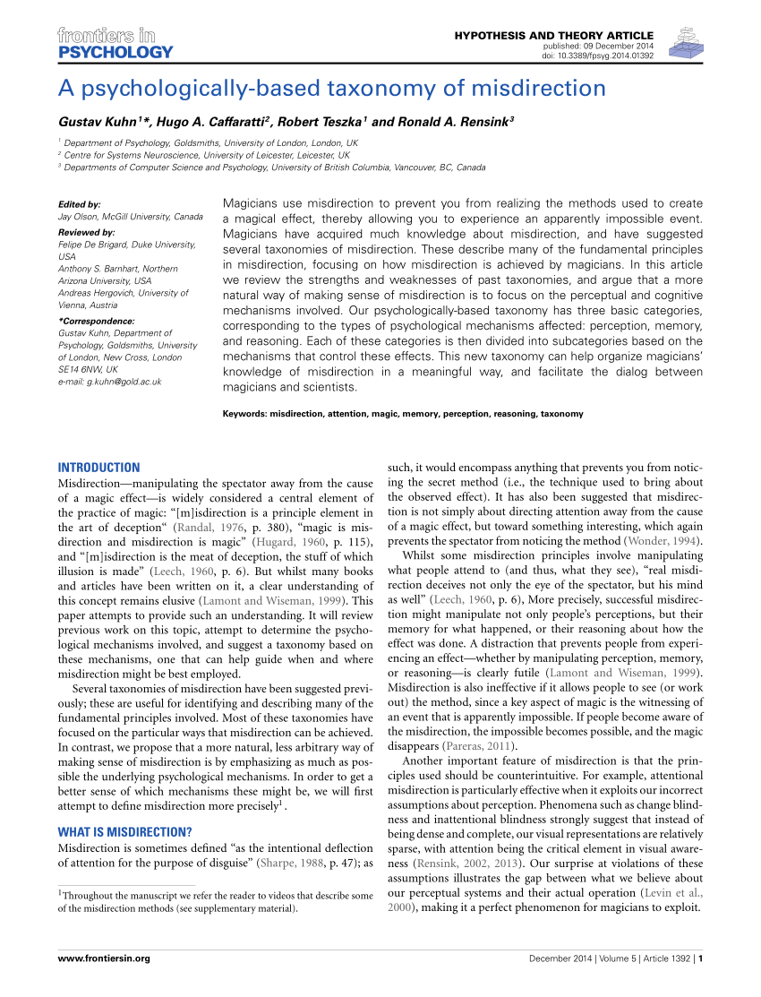 A psychologically-based taxonomy of misdirection - Kuhn